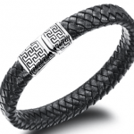 Woven Leather Bracelet with Patterned Metal Detail